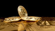 Gold coins bitcoin, close-up. The concept of virtual cryptocurrency.