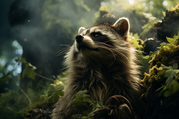 Poster - A raccoon cloud sneaking around on a deep forest green background.