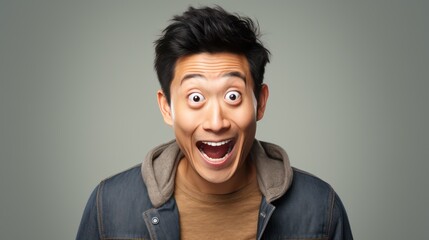 Wall Mural - A Wow and surprised face Asian man in white t-shirt with hand point on empty space on a white isolated transparent background.