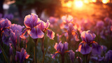 Fototapeta Kwiaty - Beautiful iris flowers in the garden at sunset