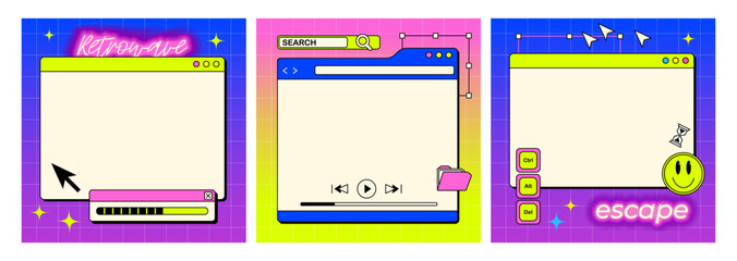 Poster - The screen of an old retro PC in the y2k style. Retro wave and vaporwave background. Bright vintage computer interface