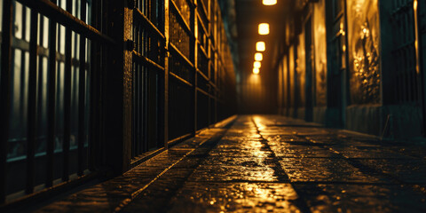 Poster - A mysterious and eerie scene of a dark alleyway with a single light shining through. Perfect for adding suspense and intrigue to any project