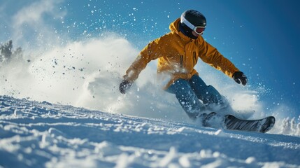 Wall Mural - A man riding a snowboard down a snow covered slope. This image can be used to depict winter sports and outdoor activities