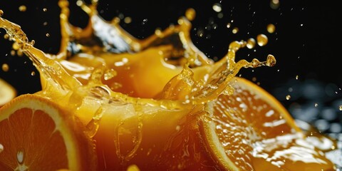 Poster - Fresh orange slices captured in a close-up shot with a vibrant splash of water. Ideal for food and beverage related projects