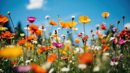 Wall Mural - A field of colorful wildflowers basking in the bright sunshine against a clear blue sky, showcasing nature's splendor.