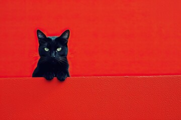 Black cat on a red background. The cat sits on a red background