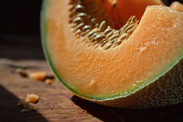 Poster - A close-up view of a sliced melon on a cutting board. This image can be used to depict healthy eating, summer fruits, or a refreshing snack