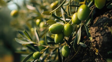 Poster - A bunch of green olives hanging from a tree. Perfect for food and agriculture-related projects