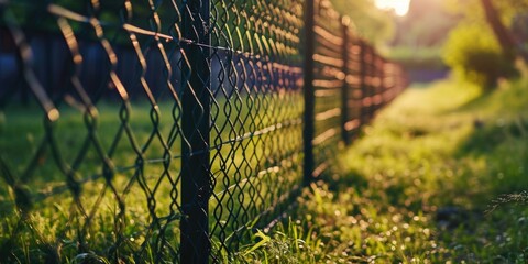 Poster - A picturesque image of the sun setting behind a fence in the grass. Perfect for nature lovers or those seeking a calming and serene backdrop.