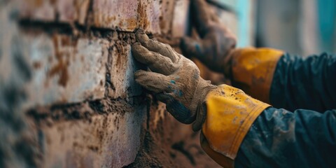Poster - A man in a yellow and black jacket and gloves is seen working on a brick wall. This image can be used to represent construction, renovation, or home improvement projects