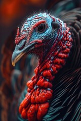 Poster - A detailed close-up of a turkey's head featuring vibrant red and blue feathers. This image can be used for various purposes
