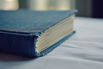 Poster - A blue book sitting on top of a white table. Perfect for educational or office-related designs