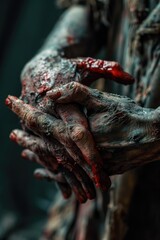 Poster - A close-up view of a person's hands covered in blood. Perfect for crime scene investigations or horror-themed projects