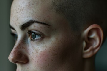 Poster - A close-up view of a person with a shaved head. This image can be used to portray concepts such as baldness, masculinity, or personal style