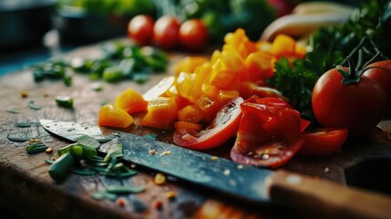 Wall Mural - A vibrant assortment of fresh vegetables placed on a wooden cutting board.