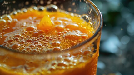 Poster - A detailed view of a glass filled with refreshing orange juice. Perfect for illustrating healthy lifestyle, breakfast, or citrus fruit concepts