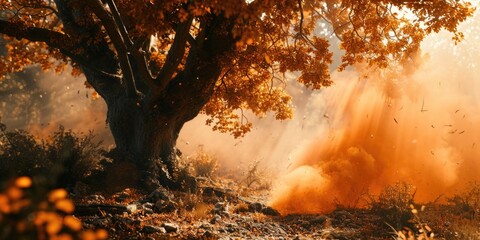 Poster - An orange dust cloud is seen in the air near a tree. This image can be used to depict environmental pollution or a desert landscape