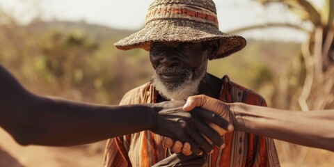 Aufkleber - Two men, one wearing a straw hat, shaking hands