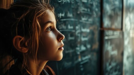 Poster - A young girl standing in front of a blackboard. Perfect for educational or school-related projects