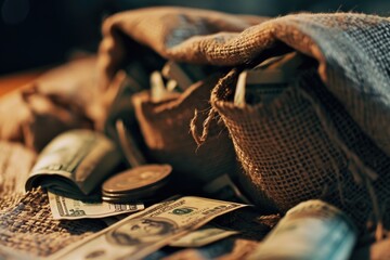 Poster - A bag full of money sitting on top of a table. Perfect for finance, wealth, and business concepts