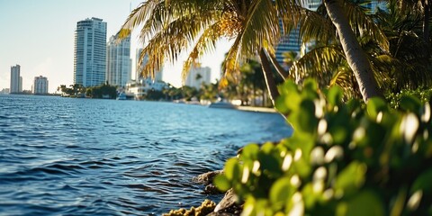 Poster - A serene view of a palm tree in the foreground with a body of water in the background. This image can be used to evoke a sense of relaxation and tropical vibes
