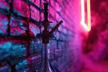 Poster - A hook on a brick wall with a neon light in the background. Can be used to depict urban aesthetics or to symbolize hanging or suspending objects