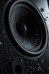 Poster - A detailed view of a speaker with water droplets on its surface. Perfect for illustrating the concept of music, sound, or technology.