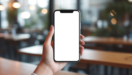 Hand holding smartphone with empty screen mockup. Woman using mobile phone for social media or business work in cafe. Network technology