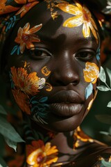 Aufkleber - Close-up shot of a woman wearing a flowered head scarf. This versatile image can be used to depict various themes such as fashion, beauty, culture, diversity, and identity