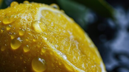 Poster - A close up view of an orange with water droplets on its surface. This image can be used to depict freshness, healthy eating, or a refreshing beverage