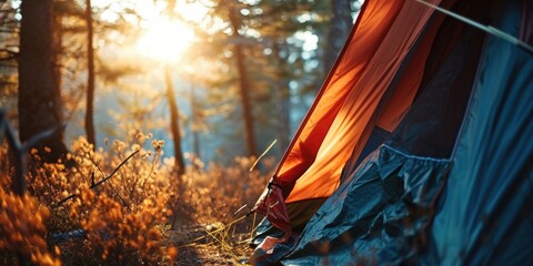 Poster - A tent set up in the woods. Suitable for camping and outdoor adventure concepts