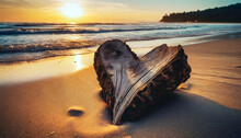 Heart-shaped Piece Of Tree Trunk On A Beach Close-up Shot