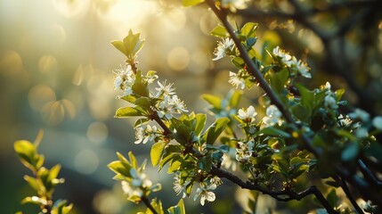 Poster - A detailed view of a tree branch covered in delicate white flowers. Perfect for nature enthusiasts or floral-themed designs