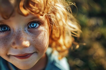 Aufkleber - A close-up photograph capturing the unique beauty of a child with freckles on her face. Perfect for showcasing natural beauty and innocence.