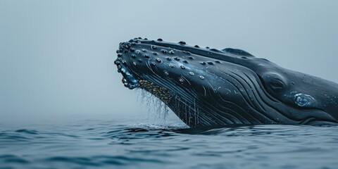 Wall Mural - A humpback whale captured in a photograph with its mouth wide open. This image can be used to depict the majestic beauty of marine life.