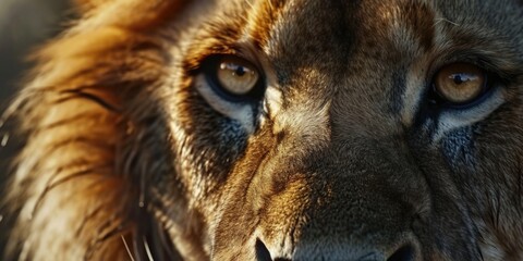 Aufkleber - A close-up view of a lion's face with a blurred background. Perfect for wildlife enthusiasts and nature lovers