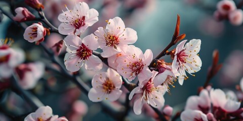 Poster - A close-up view of a bunch of flowers growing on a tree. Perfect for adding a touch of nature and beauty to any project