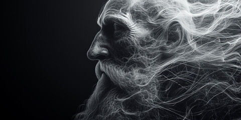 Portrait of Leonardo da Vinci combined with abstract lines and curves.