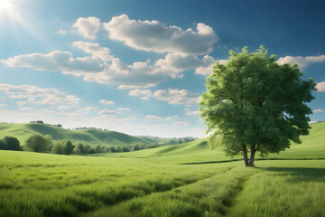 A landscape of green grass fields and bright blue sky