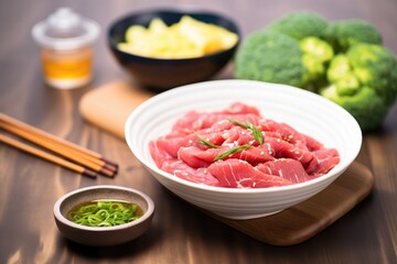 Wall Mural - raw sliced beef and fresh broccoli next to a marinade bowl