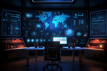 Poster - futuristic data monitoring or analytics room, modern digital technology office with big computer screens concept illustration