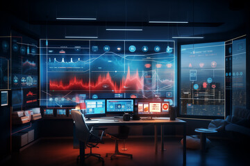 Wall Mural - futuristic data monitoring room, modern digital technology office with big computer screens, business  growth analysis graph monitoring