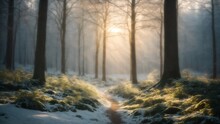A Mystical Forest, Where The Snow Falls In Delicate Flakes, Creating A Magical Atmosphere As The Sunlight Filters Through The Trees.