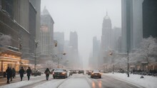 A Snowy Cityscape, With Towering Skyscrapers And Bustling Streets, All Transformed Into A Winter Wonderland By A Recent Snowstorm.