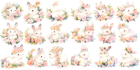 Wall Mural - Watercolor baby rabbit with flower clipart for graphic resources