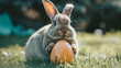 An Easter bunny rabbit holding a giant Easter egg. AI Generative