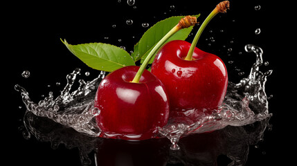 Wall Mural - two cherries in water splash on black background