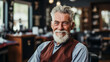 Portrait of happy hipster elder man with haircut in retro barbershop background, barber shop for pensioner concept.