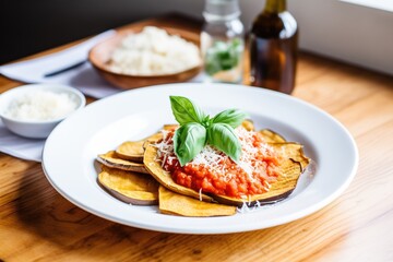 Wall Mural - sliced eggplant beside a block of parmesan and tomato sauce