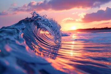 Wall Mural - A Swirling Wave at Twilight with Sunset Reflections on the Water